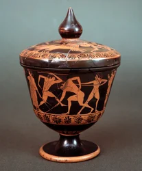 Pyxis con rappresentazione di scena di palestra, terracotta, 520-500 a.C.