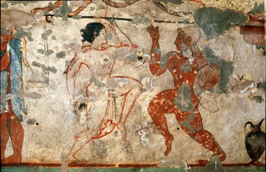 Danza rituale, giovane donna con tunica trasparente e giovane uomo nudo. (Dettaglio di affresco, 520 a.C.)