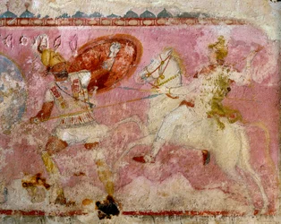 Sarcofago delle Amazzoni con scena dipinta di battaglia, calcare bianco, da Tarquinia, Lazio, Italia, particolare
