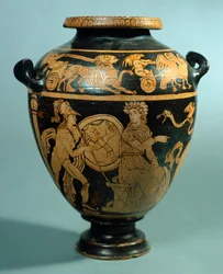 Stamnos, ceramica a figure rosse da Vulci (Lazio). Civiltà etrusca, IV secolo a.C.