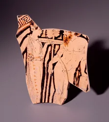 Frammento di kylix in terracotta rappresentante una menade e un satiro, 350 a.C.