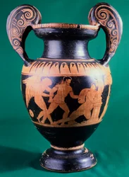 Cratere a volute del Pittore di Magonza, raffigurante un guerriero e un