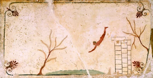 Subacqueo, circa 480-490 a.C., affresco decorativo dalla lastra di copertura della Tomba del Subacqueo a Paestum, Campania, Italia, V secolo a.C.