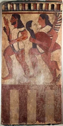 Arte etrusca: Piatto in terracotta dipinta chiamato Placca Campana: un arciere, un genio alato con figura femminile (Cerveteri, VI secolo a.C.)