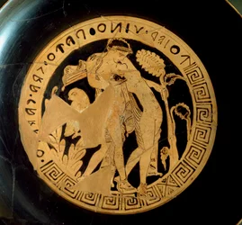 Civiltà etrusca: dettaglio di un kylix che rappresenta Arianna e Dioniso. Dalla Necropoli Falerii Veteres