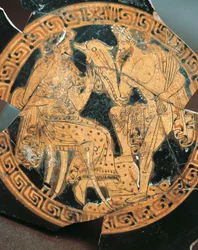 Ceramica a figure rosse, decorazione interna di un cratere raffigurante Poseidone e Anfitrite, civiltà etrusca