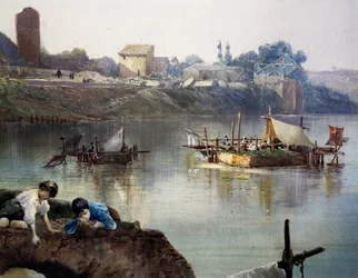 Giornelli dei pescatori sul Tevere vicino a Porto di Ripa Grande a Roma, di Ettore Roesler Franz (1845-1907)