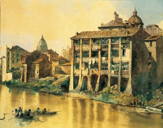 Italia, Roma, Vecchie case lungo il fiume Tevere