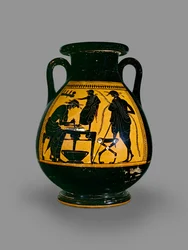 Pelike a figure nere attiche decorata con una scena di un calzolaio che taglia il cuoio per una scarpa, inizio V secolo a.C.