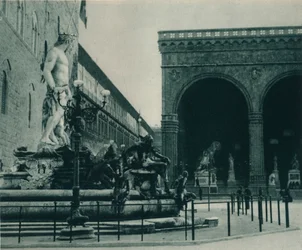 Fontana di Nettuno di Bartolomeo Ammanati e la Loggia dei Lanzi, Firenze, Italia
