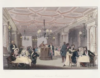 Francia, Parigi, interno del ristorante Les Trois Freres Provencaux con il suo arredamento dell’epoca della Restaurazione, da Winter in Paris, di Eugene Lami