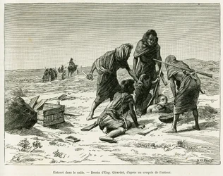 Sepoltura nella sabbia. Incisione di Eugene Girardet, per illustrare il racconto Cinque mesi tra i mori nomadi del Sahara occidentale, nel 1887, di Camille Douls, in Le Tour du monde 1888, sotto la direzione di Edouard Charton (1807-1890), Hachette, Parigi