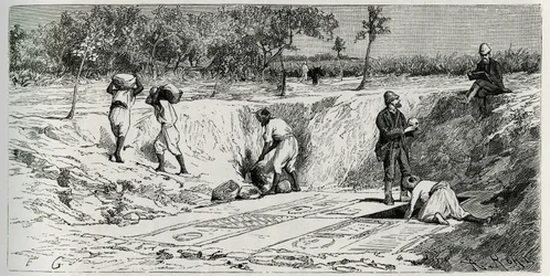 Scavi nel cimitero cristiano di Lamta, con entrambi i responsabili della missione. Incisione di Eug. Girardet, per illustrare la storia "Il viaggio in Tunisia", di Rene Cagnat