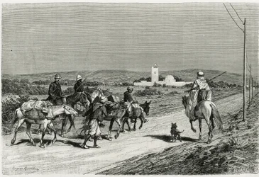 Il nostro rimorchio si muove. Inciso da Eugene Girardet, per illustrare il racconto “Viaggio in Tunisia”, di Rene Cagnat (1852-1937) storico e Henri Saladin (1851-1923), architetto, commissionato nel 1882-1883, dal Ministero della Pubblica Istruzione. Pubb