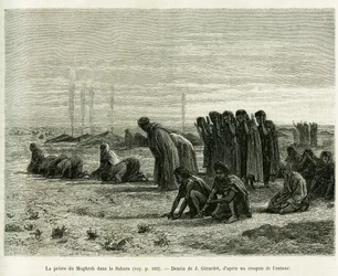 La preghiera del Moghreb nel Sahara. Incisione di J.Girardet, per illustrare la storia Cinq mois chez les moures nomades du Sahara occidental, nel 1887, di Camille Douls, in le tour du monde 1888, sotto la direzione di Edouard Charton (1807-1890), Hachette