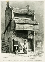 Una casa di scimmie. Incisione di Eugene Burnand, per illustrare la storia Sur les frontières du Tonkin, del Dottor P.Neiss, in le tour du monde 1888, diretto da Edouard Charton (1807-1890), Hachette, Parigi.