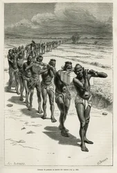 Colonna di portatori attraverso le risaie, tra Bassac e Hue, incisione da un disegno di Eugene Burnand, per illustrare la storia del Laos e delle popolazioni selvagge dell