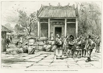 Pagoda delle conferenze, Monkay. Incisione di Eugene Burnand, per illustrare la storia Sur les frontières du Tonkin, del Dottor P. Neiss, in le tour du monde 1888, diretto da Edouard Charton, Hachette, Parigi