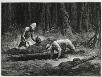 Dr. Harmand e il suo aiutante Annamita, che conducono esumazioni clandestine di sepolture Khas, ad Attopeu (Laos), incisione di Eugene Burnand, per illustrare la storia del Laos e delle popolazioni selvagge dell