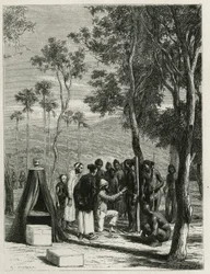Il dottor Harmand procede a misurazioni antropologiche sugli indigeni Khas, a Attopeu (Laos), incisione di Eugene Burnand, per illustrare la storia del Laos e delle popolazioni selvagge dell