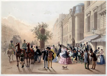 Boulevard des Italiens, Café Tortoni a Parigi nel XIX secolo. Incisione di Eugene Guerard