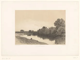 Paesaggio fluviale con pescatori al crepuscolo