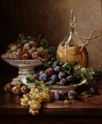 Natura morta di uva, prugne e vino. Dipinto di Eugene Claude (1841-1923) Collezione privata.