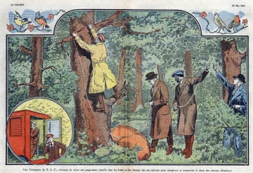 Una compagnia T.S.F. installa microfoni nelle foreste e nei campi per registrare e trasmettere il canto degli uccelli. Illustrazione di Damblans in "Le Pèlerin" del 21 maggio 1933