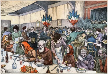 Un banchetto per i poveri. Il giorno di Natale del 1927, il Cardinale Ferrari (diretto a Parigi da Abate Rivota) organizzò una messa per i poveri, seguita da un banchetto di 2000 coperti. Disegno di Damb
