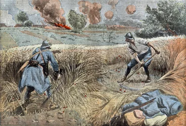 Un artigliere francese falcia il grano per uccidere i tedeschi, disegno di Damblans dal giornale francese 