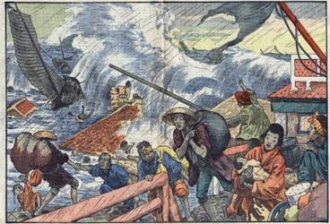 Un maremoto e un tifone colpiscono il Giappone. Illustrazione di Damblans. In “Le Pèlerin” del 2 ottobre