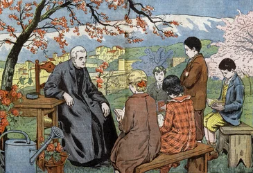 Un prete e giovani futuri comunicandi in un giardino, disegno di Damblans dal giornale 