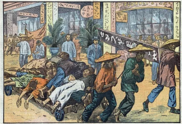 Guerra civile tra nazionalisti e comunisti in Cina: dopo i disordini comunisti a Canton, i cadaveri delle vittime vengono ammucchiati sui carri. Illustrazione di Damblans. In «Le Pèlerin» del 4 marzo