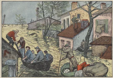 Inondazioni in Louisiana (USA): Di fronte alle onde minacciose del Mississippi, contadini e cacciatori sono costretti ad abbandonare le loro case e campi. Illustrazione di Damblans. In “Le Pelerin” del 15 maggio