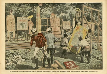 Illustrazione di Eugene Damblans (1865-1945) in Le Pelerin, 03/09/05 - I giapponesi fanno una rivendicazione gigantesca per i prodotti della loro industria lungo le linee ferroviarie con manifesti di varie forme - Pubblicità, Giappone, Ferrovia Treno, Mani