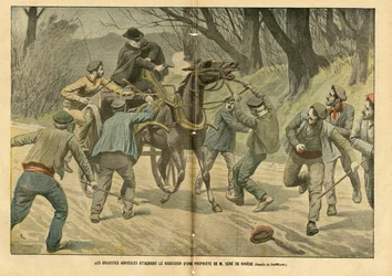 Illustrazione di Eugene Damblans (1865-1945) in Le Pèlerin, 31/01/04 - Gli scioperanti agricoli attaccano il regista di una proprietà di M. Sere de Riviere