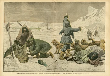 Illustrazione di Eugene Damblans (1865-1945) in Le Pèlerin, 02/04/05 - La missione russa Klotchak scopre sulla strada del polo nord una lettera che conferma la sfortunata perdita della spedizione Toll