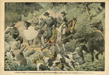 Illustrazione di Eugene Damblans (1865-1945) in Le Pelerin, 02/07/05 - Roosevelt, Presidente degli Stati Uniti, distratto dalle preoccupazioni del potere cacciando orsi grizzly nelle Montagne Rocciose - America USA, Caccia USA, Montagne Rocciose - Cane, Or