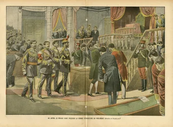 Illustrazione di Eugene Damblans (1865-1945) in Le Pèlerin, 03/04/04 - In Giappone, il Mikado presiede la sessione di apertura del parlamento
