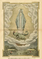 Illustrazione di Eugene Damblans (1865-1945) in Le Pelerin, 04/12/04 - Maria immacolata appare al mondo e porta salvezza - Religione Fede, Cattolico Cattolicesimo - Immacolata concezione - Maria, Drago - Nuvole - Terra