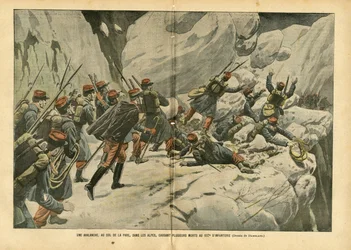 Illustrazione di Eugene Damblans (1865-1945) in Le Pèlerin, 06/03/04 - Una valanga, al passo del Pare, nelle Alpi, causa diverse morti al 157° di fanteria