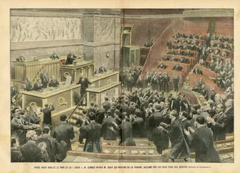 Illustrazione di Eugene Damblans (1865-1945) in Le Pèlerin, 06/11/04 - Dopo aver insultato il Papa e la Croce, M. Combes ha insultato M. Ribot che è sceso dal podio, acclamato da due terzi dei deputati