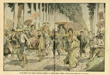 Illustrazione di Eugene Damblans (1865-1945) in Le Pelerin, 09/04/05 - Per un viale lungo cinquanta chilometri di Pini, i pellegrini giapponesi vanno a Nikko, la loro città santa - Religione Fede, Giappone, Moda, Albero, Nikko - Pellegrinaggi