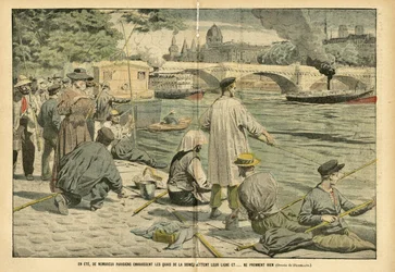 Illustrazione di Eugene Damblans in Le Pelerin, 23/06/05 - In estate, molti parigini invadono le rive della Senna e lanciano la loro lenza e... non prendono nulla
