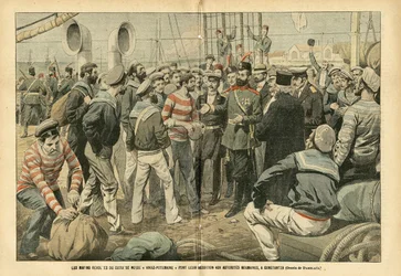 Illustrazione di Eugene Damblans (1865-1945) in Le Pelerin, 23/07/05 - I marinai ribelli della corazzata russa Kniaz-Potemkin si arrendono alle autorità rumene a Costanza - Russia, Marina Marittima, Romania, Rivoluzione del 1905