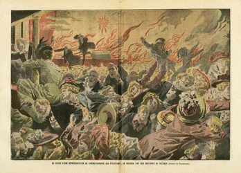 Illustrazione di Eugene Damblans in Le Pelerin, 26/01/08 - Durante una performance di un regista negli Stati Uniti, centinaia di vittime sono state uccise in un incendio