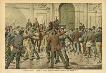 Illustrazione di Eugene Damblans (1865-1945) in Le Pèlerin, 26/11/05 - Lo sciopero degli arsenali a Tolone, i grevisti cercano di opporsi all