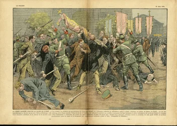 Illustrazione di Eugène Damblans (1865-1945) in Le Pèlerin, 27/06/37 - La svastica contro la croce di Cristo nella Germania hitleriana - Germania, Prussia, religione, fede, folla, combattimento, rettifica, svastica, croce cristiana, cattolico
