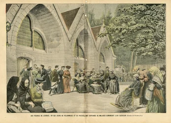 Illustrazione di Eugene Damblans (1865-1945) in Le Pelerin, 28/08/04 - Alle piscine di Lourdes, in questi giorni di pellegrinaggi e preghiere, centinaia di pazienti chiedono la loro guerra - Medicina, Fede religiosa, Architettura urbanistica, Cattolico
