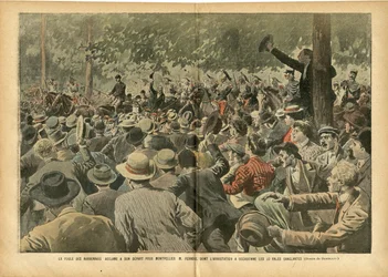 Illustrazione di Eugene Damblans (1865-1945) in Le Pelerin, 30/06/07 - La folla di Narbonnais acclama Montpellier M. Ferroul il cui arresto ha causato giorni sanguinosi - Sociale, Vino, Crisi del Vino Viticoltore Rivolta, Narbonne - Ferroul Ernest (1853-19